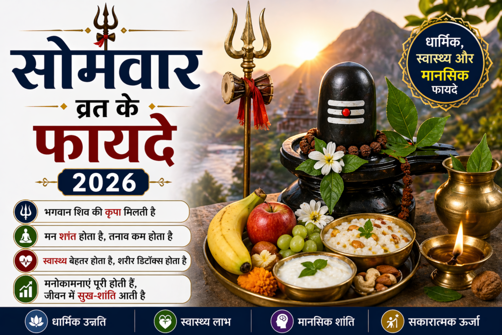 Somvar vrat benefits 2026 image with Shivling and satvik food diet plan for fasting